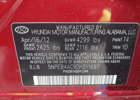 2013 Hyundai Sonata Gls из США, поврежденный, VIN 5NPEB4AC9DH511697